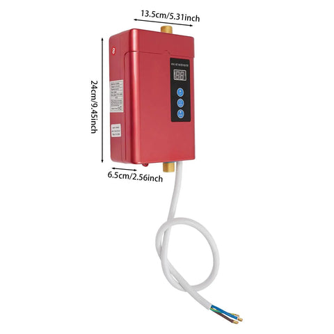 Rock Solid 3000W Instant Electric Hot Water Heater With Built Like A Tank Cast Aluminum Shell and Bright Digital Display side view with measurements.