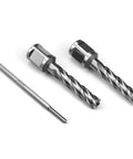 Overhead view of Oscarbide 7/16x2 in annular cutters, 2 pcs, with 3/4 in Weldon shanks and pilot pin