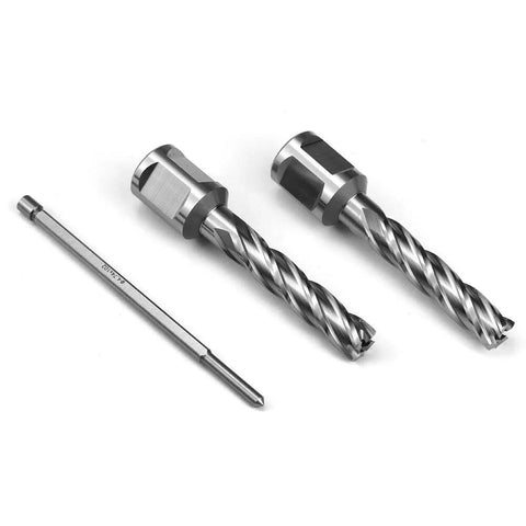 Overhead view of Oscarbide 7/16x2 in annular cutters, 2 pcs, with 3/4 in Weldon shanks and pilot pin