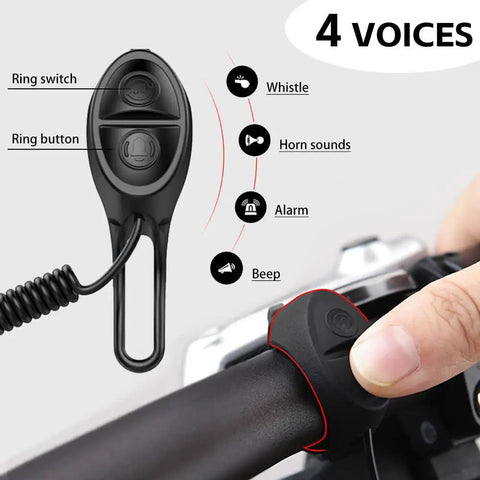 Electric Bike Horn 120 Decibels With Four Sound Modes Rechargeable Battery Waterproof Bicycle Bell Adjustable Volume For Kids Teens And Adults Mountain And City Bikes A Loud Safe Ride Accessory