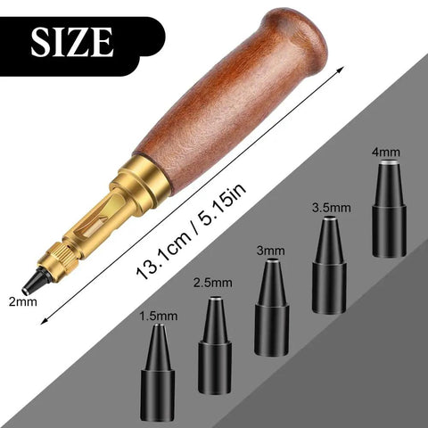 Adjustable Leather Hole Punch Tool With Wooden Handle Automatic Puncher Hollow Punch Six Size Tips From 1.5mm To 4mm