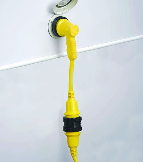 50 Amp 125/250V Locking Right Angle Adapter Male Plug To Female Locking Socket With Sealing Collar HeavyDuty RV Trailer Outdoor Power Cord Connector Pro