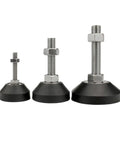 Badass Heavy Duty Adjustable Leveling Feet With Swivel Base And M12 Threads, three sizes shown, sturdy rubber bases for vibration control.