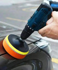 Person using Six Piece 3 Inch Imitation Wool Polishing Pad Kit With M10 Drill Adapter Buffing Attachment on car hood for shiny finish.