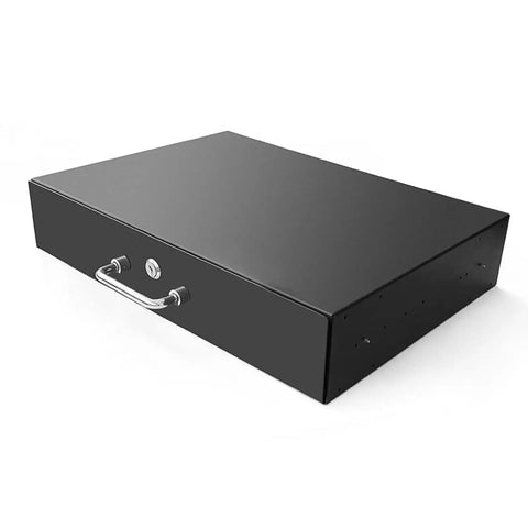 Tough As Nails Rack Mount Sliding Drawer For Server Cabinet Deep Storage Box with secure lock and handle in black finish.