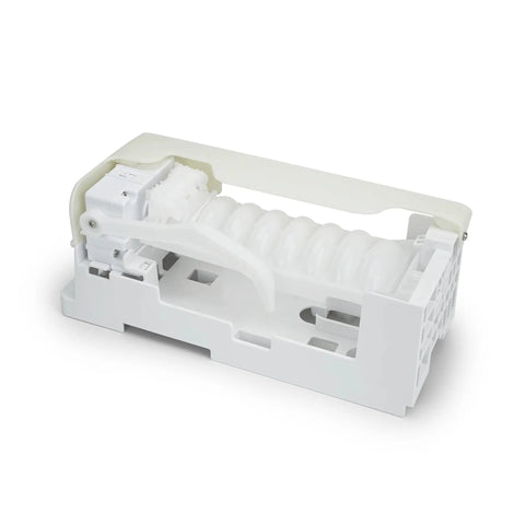 Ice Maker Assembly Replacement For Refrigerator OEM Fit With Wide Compatibility Replaces DA61-03213B And DA97-07603A, Also Works With RF26HFENDSR RF28R6241SR RF260BEAESR RF263T, Plug And Play, Easy Install. white plastic ice maker assembly in angled side view