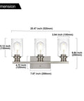 Three Light Wall Mount Bathroom Light Fixture In Brushed Nickel Finish With Seeded Glass Shade dimensions diagram.