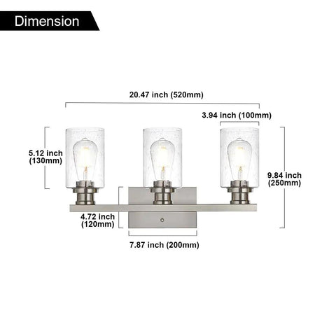 Three Light Wall Mount Bathroom Light Fixture In Brushed Nickel Finish With Seeded Glass Shade dimensions diagram.