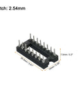 Dual Row 2.54mm Pitch DIP IC Socket Connector, 16 Pins With Round Solder Pins, shown with dimensions for DIY projects.