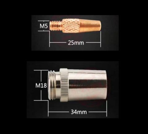Close-up of M5 25mm and M18 34mm nozzles for DC24V Aluminum Core Welding Gun For Miller 300371 Millermatic 140 180 211 Spoolmate 100