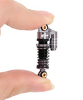 39mm Aluminum Threaded Adjustable Oil Filled Damper Shocks for SCX24 RC Crawler Fits Gladiator C10 JLU Deadbolt B17 Axial 1 24 Scale Upgrades Gray Finish with Preload Adjustable and Three Spring Rates for Smooth Damping and Beefed Aluminum Body held between fingers showcasing size