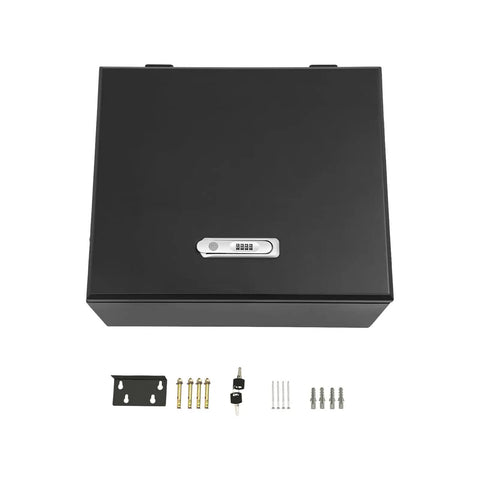 Rock Solid EV Charger Enclosure Box Featuring Quick Set Combo Lock Wall Mount Weatherproof Shield, top view with accessories.