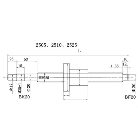 Technical drawing of Heavy Duty Sfu2505 C7 Ball Screw with dimensions, used for CNC engravers providing smooth travel.