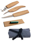 Premium Wood Carving Tools Kit includes sloyd knife, hook blade, leather strop, and storage roll for detail work.