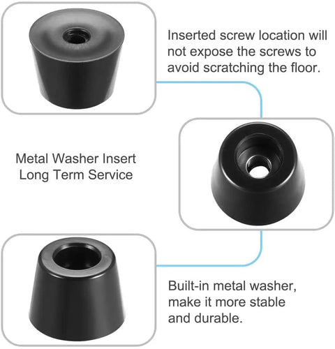 Durable Rubber Feet Bumpers With Metal Washer Insert 4 Pack Black details showing stability with washer inserts, no screws needed