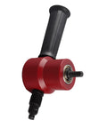 Aramox Double Head Sheet Metal Nibbler Cutter Drill Attachment For Straight Curves And Circles 360 Degree Rotating Steel Chopper Tool With Red Finish, close-up view showing handle and cutting head.