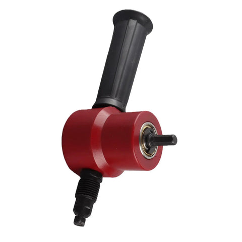 Aramox Double Head Sheet Metal Nibbler Cutter Drill Attachment For Straight Curves And Circles 360 Degree Rotating Steel Chopper Tool With Red Finish, close-up view showing handle and cutting head.