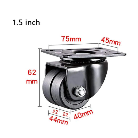 Heavy Duty Twin Wheel Swivel Casters With Silent Rollers Rock Solid Build For Hardwood And Carpet Smooth Glide, 1.5 inch size, black.