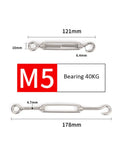 Heavy Duty 304 Stainless Steel Hook Eye Turnbuckle Wire Rope Tensioner Tough Rigging Cable Adjuster Fits One Eighth Inch Line, M5 design, bearing 40KG.