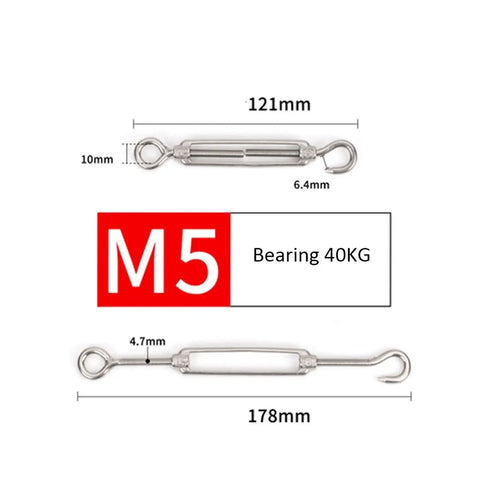 Heavy Duty 304 Stainless Steel Hook Eye Turnbuckle Wire Rope Tensioner Tough Rigging Cable Adjuster Fits One Eighth Inch Line, M5 design, bearing 40KG.