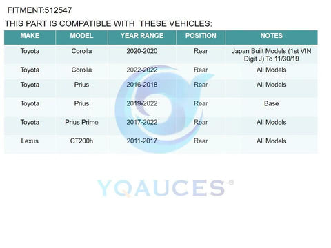 Compatibility chart for Rear Wheel Bearing Hub Assembly With ABS For Toyota Corolla 2020 To 2022 Prius 2016 To 2022 And Lexus CT200h 2011 To 2017