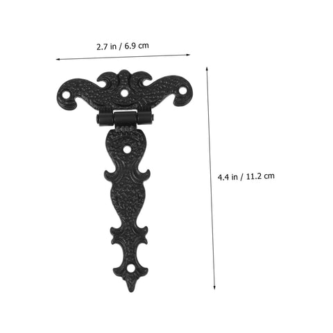 Set Of Four Retro European Style Wooden Box Hinges Built Tough For Durable Cabinet Hardware With No Sweat Installation, detailed view of black hinge measuring 4.4 in by 2.7 in.