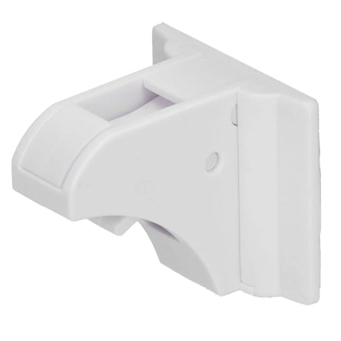 Close-up of white Magnetic Concealed Drawer Lock For Cabinets No Drill Adhesive Install Easy Scrub Kidproof Security Lock with rotating buckle