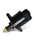 Idle air control valve, black plastic housing with brass nozzle and mounting flange, side view.