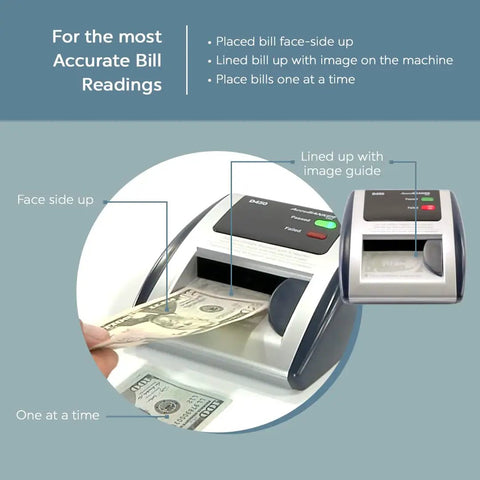 D450 Counterfeit Money Checker With Ultraviolet, Magnetic Ink, Infrared, Watermark And Micro Printing Detection In Under One Second, Audible And Visual Alerts For Suspect Bills showing bill placement.