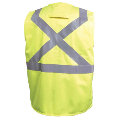 No Nonsense High Visibility Safety Vest Made From Flame Resistant Cotton Class 2 Ansi Type R Back Access Large Size Built Tough For Welding Crews With Badass Silver Reflective Tape Strips, back view showing reflective tape design.