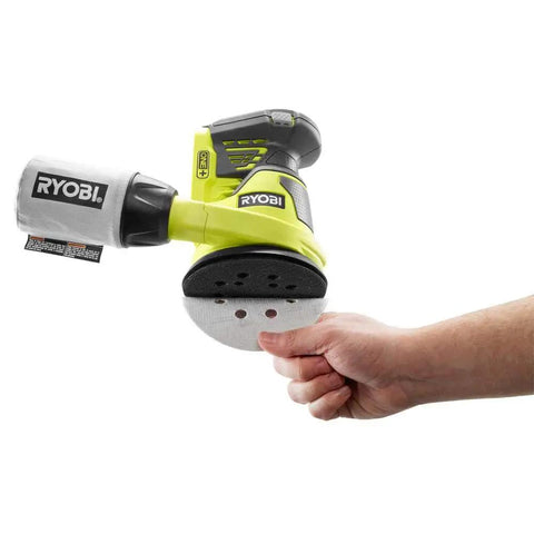 One Plus Compatible 18V Cordless 5 Inch Random Orbit Sander Tool Only with Hook and Loop Pads, rubber grip, in hand