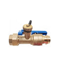 3/4 inch brass tankless water heater isolation service valve with blue lever and pressure relief valve