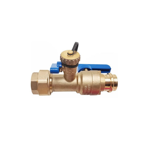 3/4 inch brass tankless water heater isolation service valve with blue lever and pressure relief valve