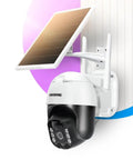 Solar Powered Wireless Outdoor Security Camera 3MP 2K Ultra HD mounted on wall with solar panel and PTZ feature