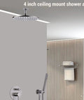 Matte Black 4 Inch Stainless Steel Ceiling Mounted Shower Arm With Flange Extender For Rainfall Shower Head No Leak Heavy Duty Half Inch NPT Connection installed in modern bathroom.