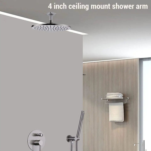 Matte Black 4 Inch Stainless Steel Ceiling Mounted Shower Arm With Flange Extender For Rainfall Shower Head No Leak Heavy Duty Half Inch NPT Connection installed in modern bathroom.