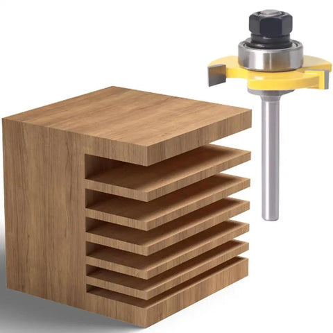 Two Piece Slot Cutter Router Bit Set With Bearings One Quarter Inch Shank Six Cutting Widths For Precise Grooves next to wooden slots