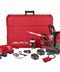Milwaukee M18 1-75 Inch Cordless Magnetic Drill Press Kit With 5.0 Ah Battery And Charger showing drill, cases, and accessories.