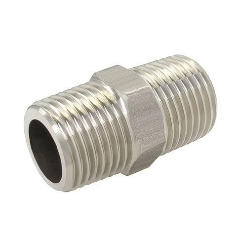 Stainless Steel Hex Nipple Three Eighths Inch NPT Male To Male Pipe Fittings, 2 Pack, Tapered Thread Connector, side view