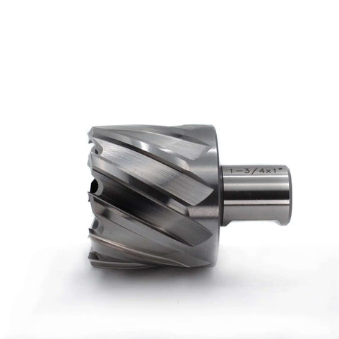 Side view of 1-3/4 in annular cutter with Weldon shank for magnetic drill press
