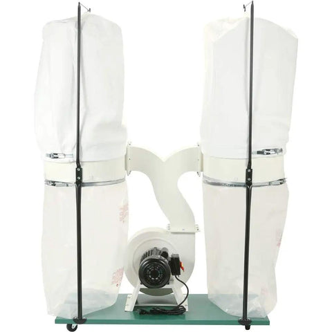 Heavy Duty 3 HP Dust Collector With Kickin Aluminum Impeller Generates 2300 CFM Shop Airflow with dual bags and motor.