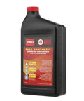 Black bottle of Toro full synthetic engine oil for 4-cycle engines with red label and cap.