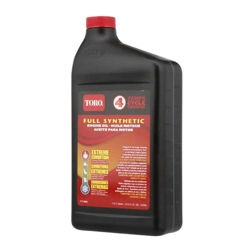 Black bottle of Toro full synthetic engine oil for 4-cycle engines with red label and cap.