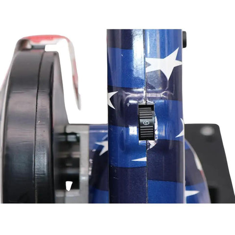 Close-up of 6 Inch Chop Saw Cut Off Saw With 610W Motor, 8000 RPM showing adjustable guard and patriotic design