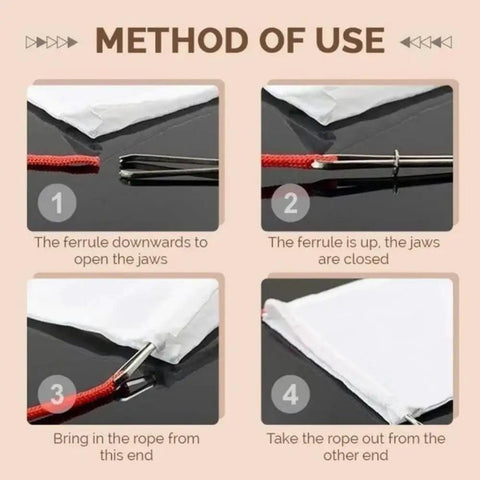 Upgraded DIY Rope Threader Clip Set With Stainless Steel Hooks And Latch For Jackets Coats Pants Hoodies Shorts Sweaters Handy Drawstring Threader Tool 4 Pieces showing threading method