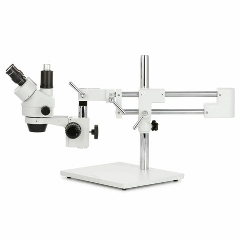 Trinocular Zoom Microscope With 3.5X To 180X Magnification, 144 LED Ring Light, 18MP USB 3.0 Camera, A Real Workhorse Stereo Microscope For Biology, Electronics, QC, And Detailed Inspections, side view on stand