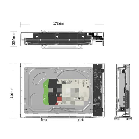 Transparent Sata To Usb 3.0 Hdd Enclosure For 2.5 And 3.5 Inch Ssds Or Hard Drives Featuring Auto Sleep Mode dimensions and internal components view.