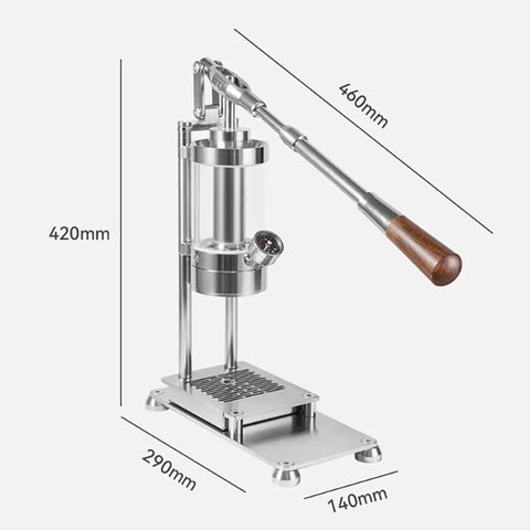 Portable Espresso Maker With Wooden Handle Hand Pressed Coffee Press For Travel shown with dimensions and stainless steel base.
