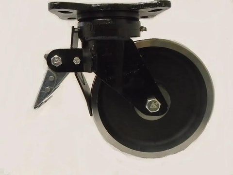 Heavy Duty 8 Inch Swivel Caster With Total Lock Brake And Tough As Nails Kingpinless Drop Forged Steel Wheel side view with brake engaged.