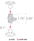 Diagram of Compact Double Socket Arm For B Size 1 Inch Ball Mount Components Composite Ball Connector Arm RAP-B-201U-A dimensions.